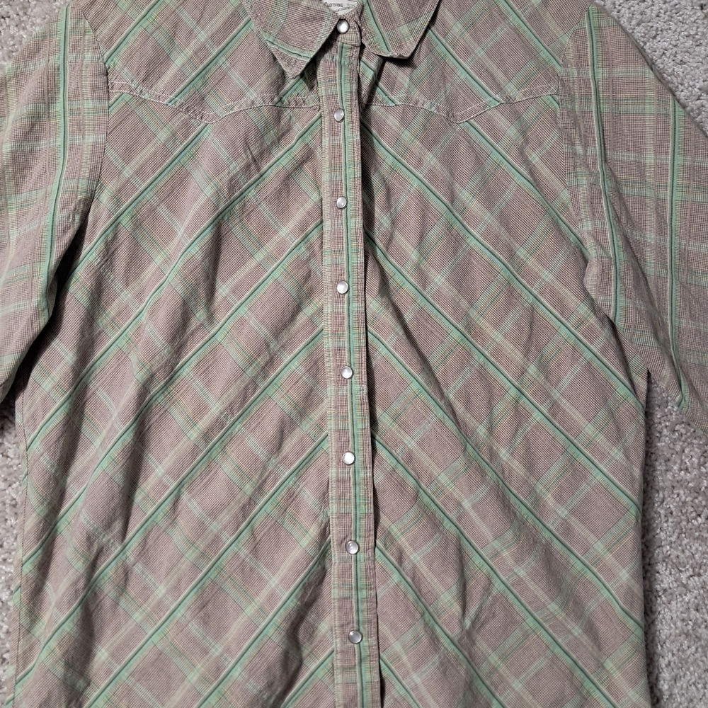 Ruff Hewn Womens Medium Pearl Snap Shirt Brown and Green Checkered - Picture 2 of 11
